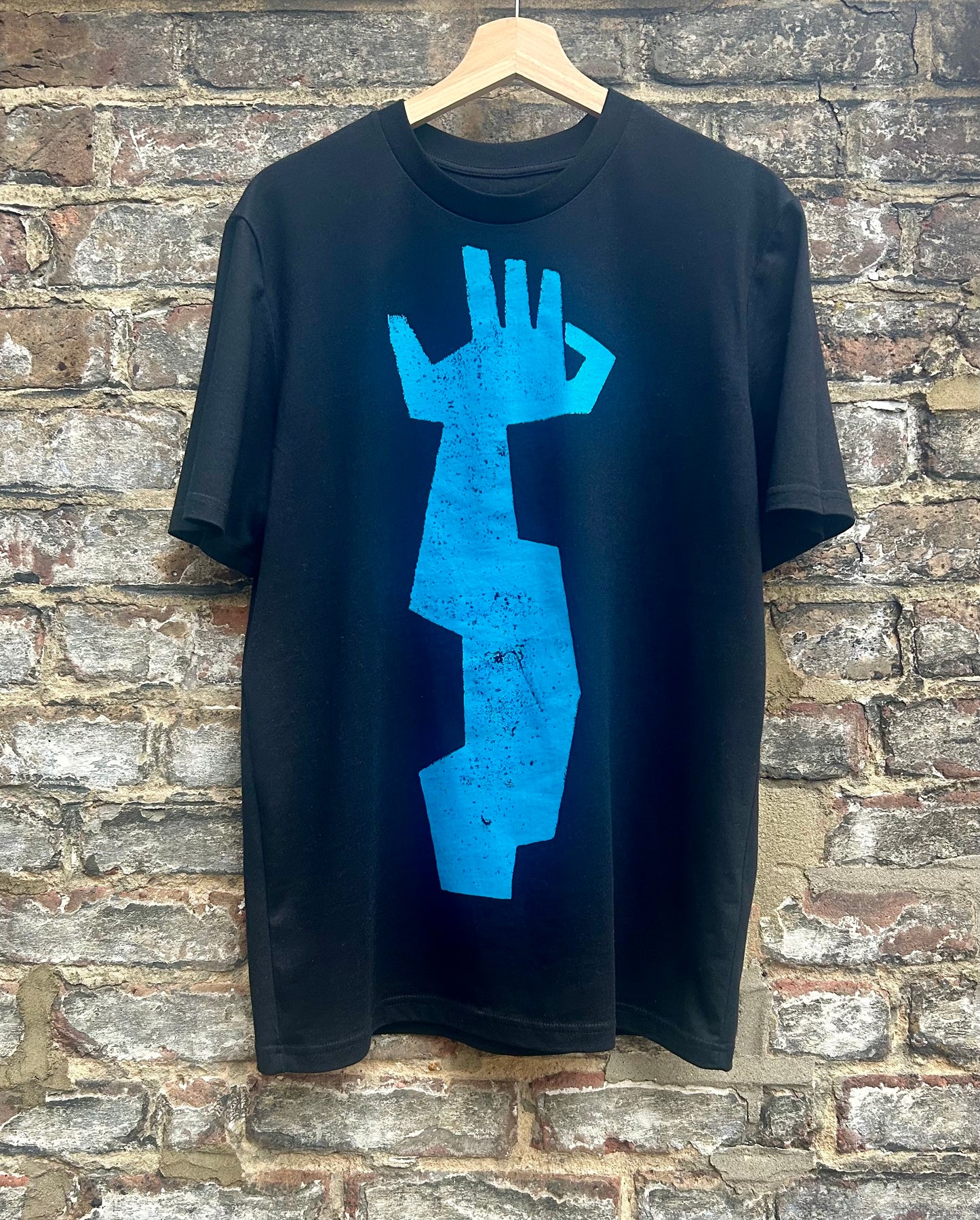 B ; Peacock Blue Hand on Black Short Sleeve T Shirt