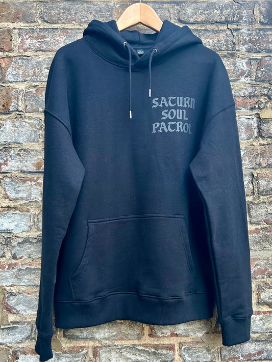 A ; Black on Black, Saturn Soul Patrol, 540 Gram, Earth Positive Organic cotton Hoodie