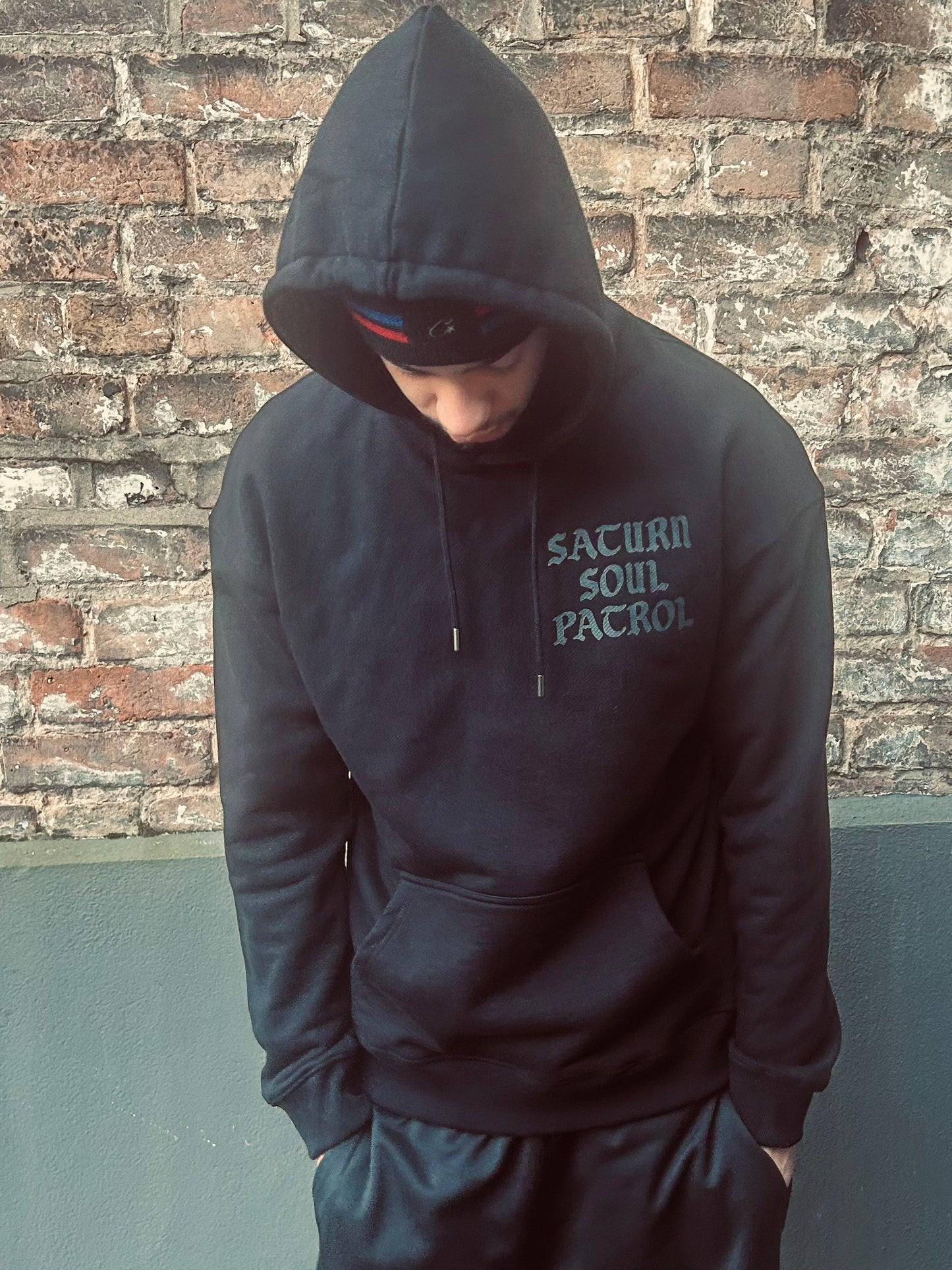A ; Black on Black, Saturn Soul Patrol, 540 Gram, Earth Positive Organic cotton Hoodie