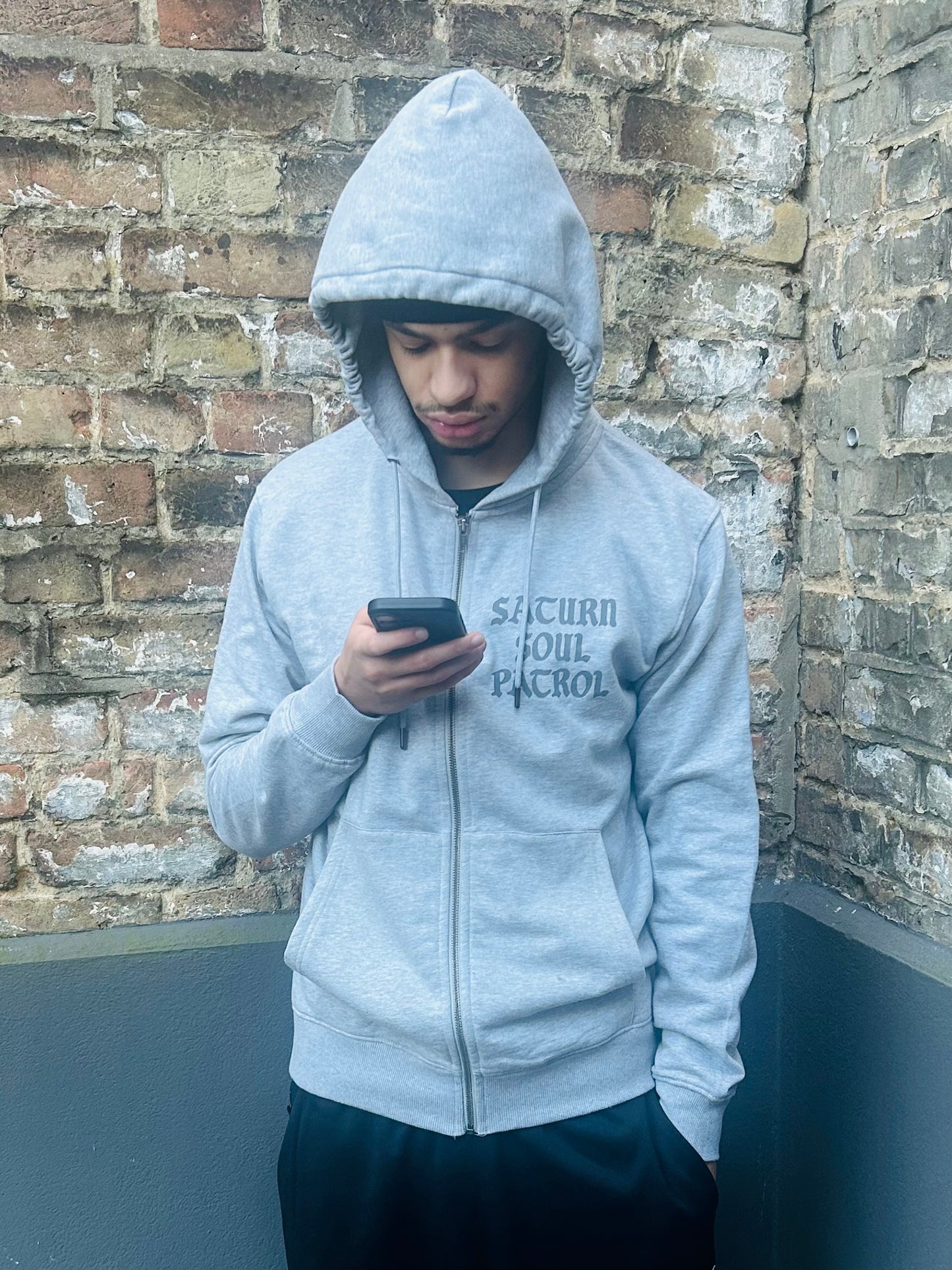 A ; Grey on Grey, Saturn Soul Patrol, 300 Gram, Earth Positive Cotton Hoodie.